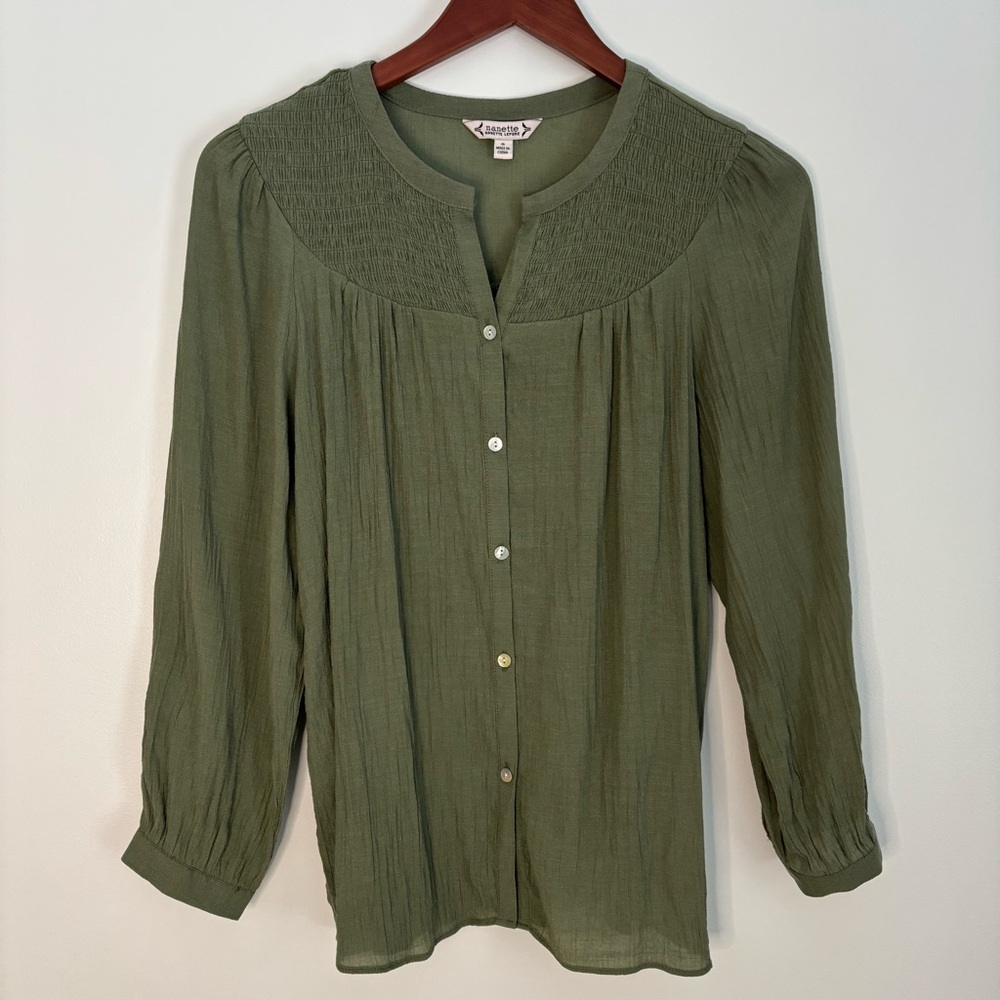 NANETTE LEPORE | Green Boho Smocked Blouson Sleeve Chic Tunic-style Top | Size S